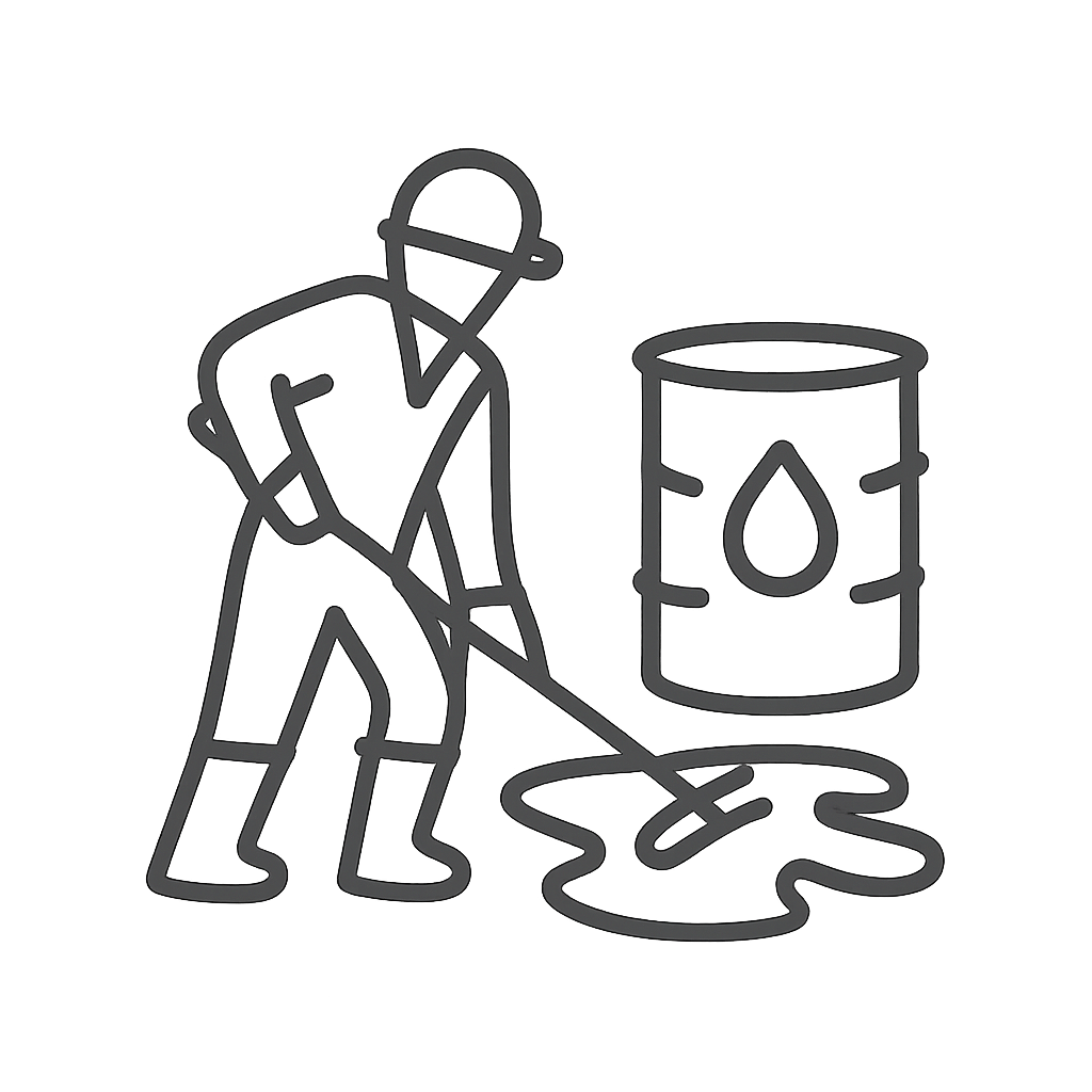 A person is shown assisting in the oil spill cleanup effort, with multiple oil spill locations on the scene.